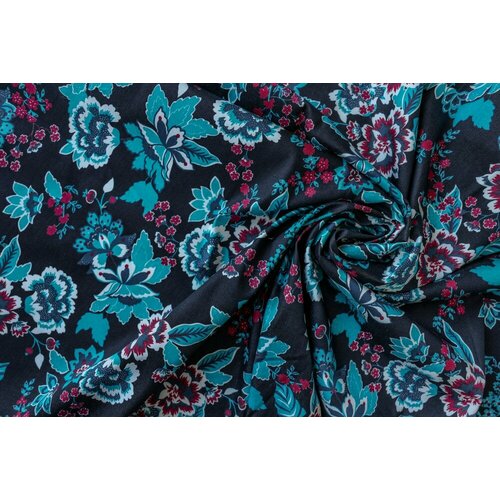 Ткань хлопок с эластаном темно-синего цвета с бирюзовыми и бордово-розовыми цветами ткань бархат с цветами и эластаном