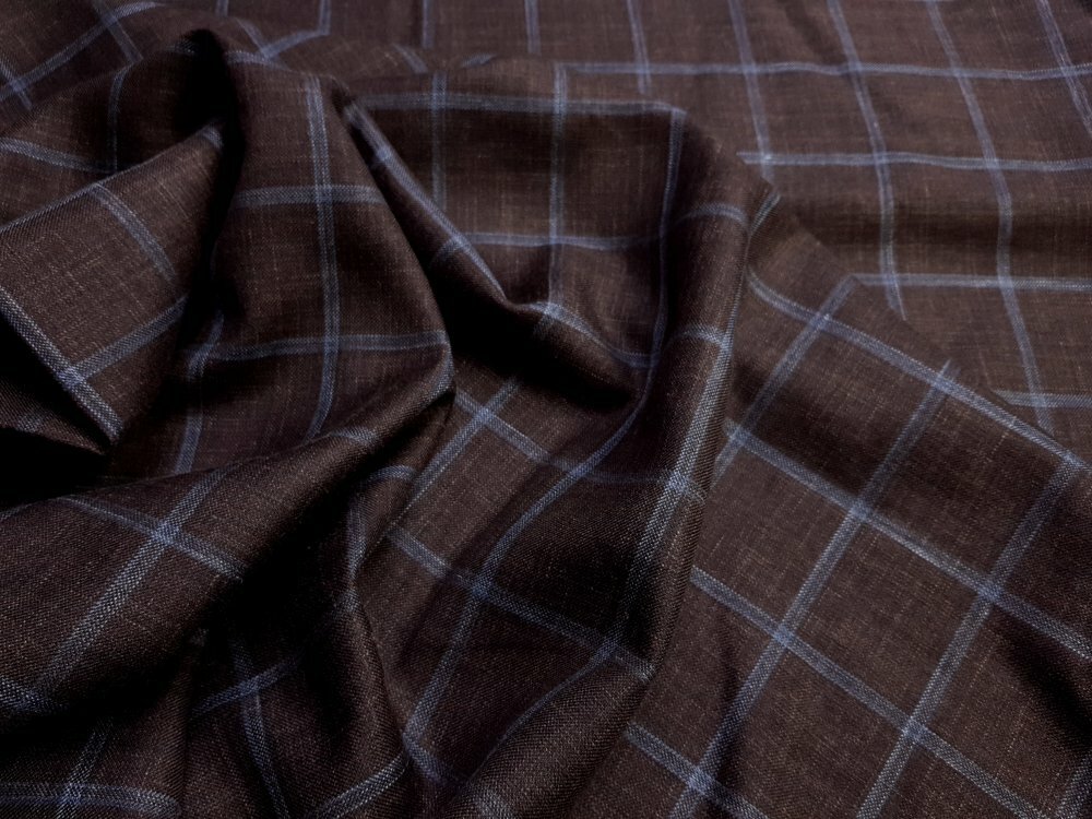 Ткань костюмно-плательная серо-коричневая смесовая шерсть в клетку