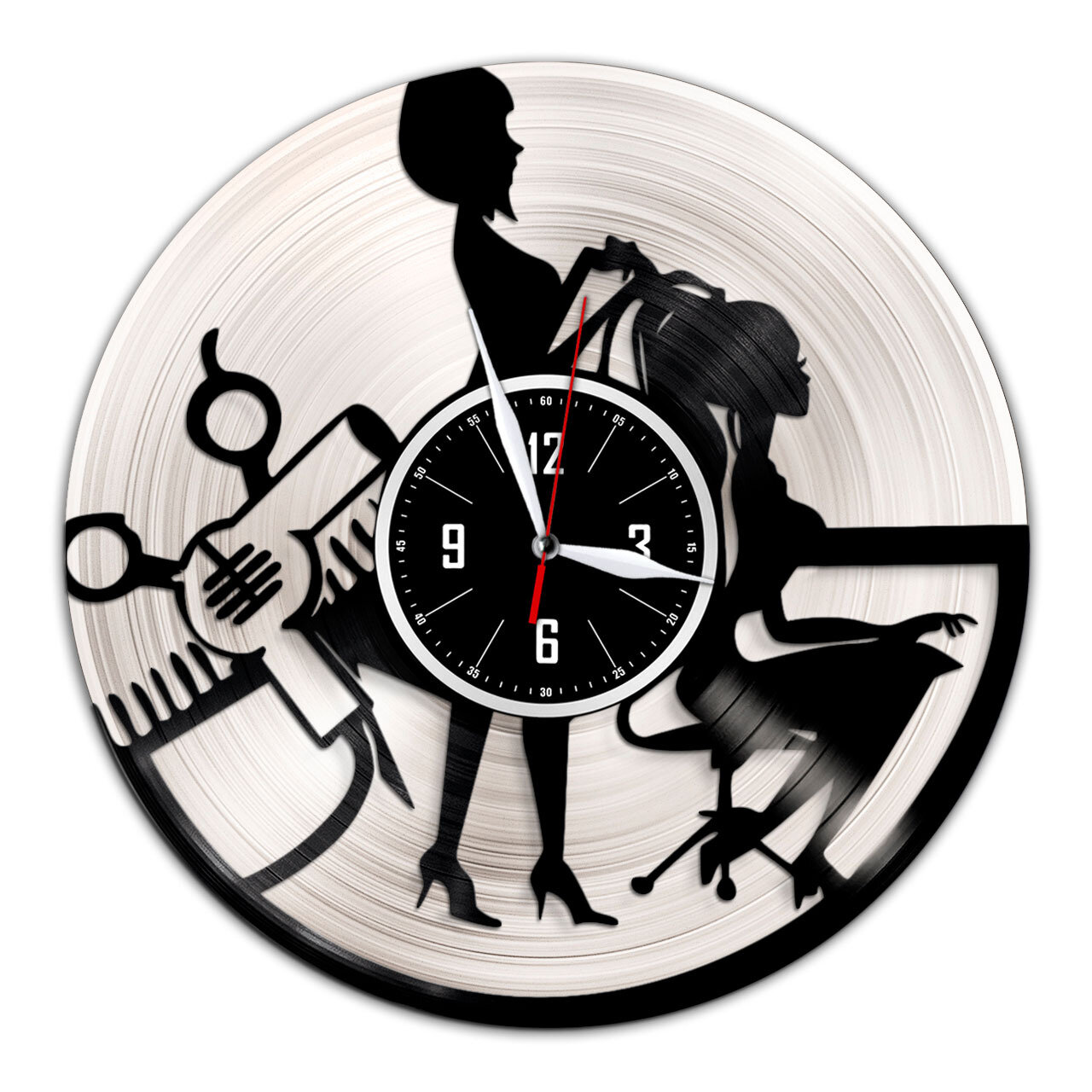 Парикмахер - настенные часы из виниловой пластинки (с серебряной подложкой)