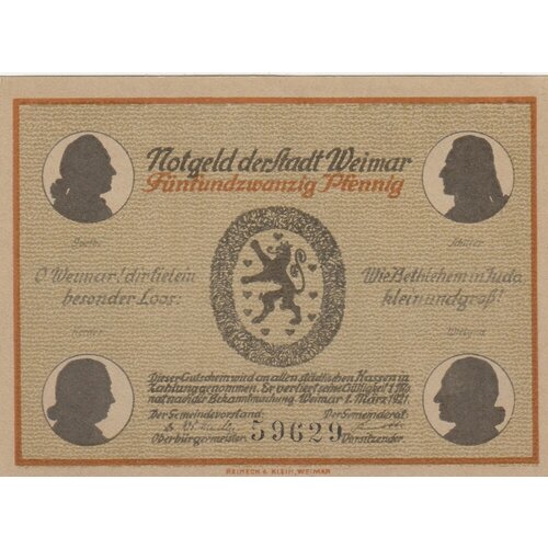 Германия (Веймарская Республика) Веймар 25 пфеннигов 1921 г. (№5) (3) банкнота нотгельды германия 25 пфеннигов 1921 год серия веймар купюра бона