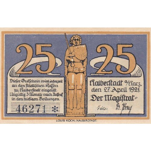 Германия (Веймарская Республика) Хальберштадт 25 пфеннигов 1921 г. германия веймарская республика хальберштадт 25 пфеннигов 1920 г