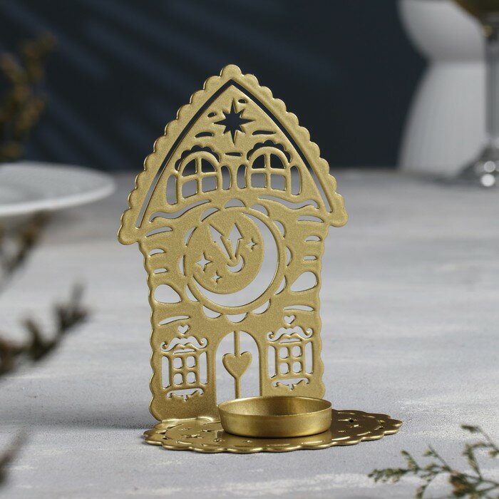 Подсвечник "Домик с часами" металл на одну свечу, 6,7х10х13,5 см, золотой - фотография № 2