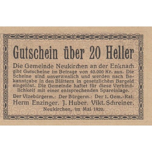 Австрия, Нойкирхен-ан-дер-Энкнах 20 геллеров 1920 г. (№2) австрия хофкирхен ан дер тратнах 20 геллеров 1920 г 2