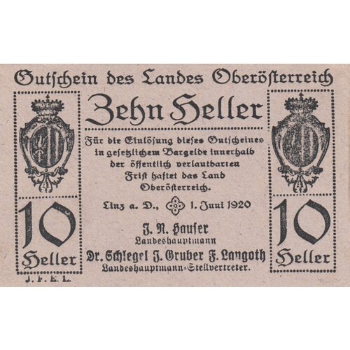 Австрия, Верхняя Австрия 10 геллеров 1920 г. (№1) австрия верхняя австрия 20 геллеров 1920 г вид 2 1 2