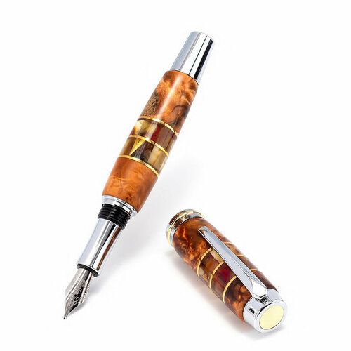 Перьевая ручка из капа березы и натурального янтаря в хромированном корпусе