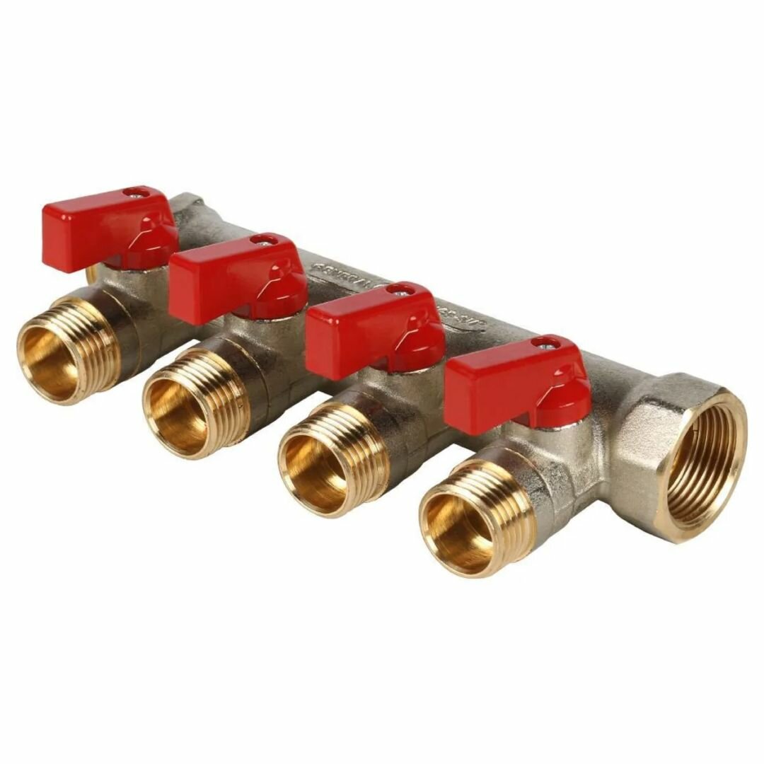 фото Коллектор с кранами и прокладкой O-Ring 3/4" STOUT 4 выхода 1/2", красные ручки