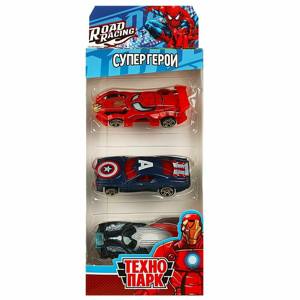 Машина металл Роад Рейсинг набор супергерои, 3 шт, 7,5 см (в асс) Технопарк RR-SET-0104-R