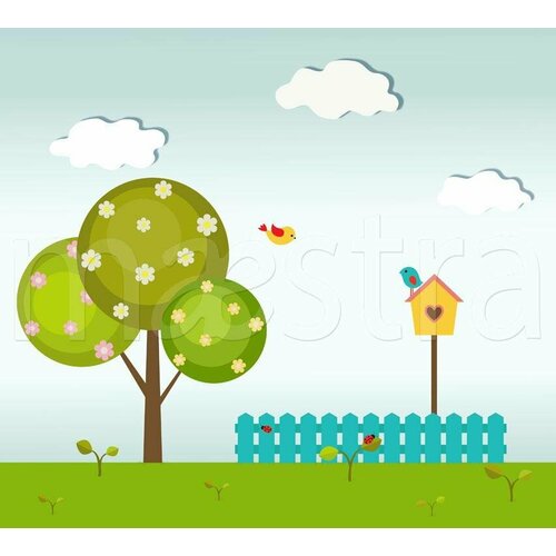 Фотообои Дерево у синего забора 275x306 (ВхШ), бесшовные, флизелиновые, MasterFresok арт 12-351