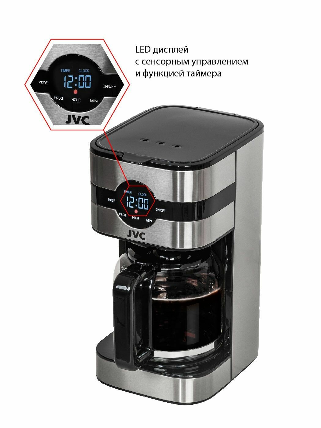 Капельная кофеварка профессиональная JVC до 12 чашек, 3 вида кофе, 3 уровня крепости, подогрев платформы, 1,5 л, 1000 Вт - фотография № 4