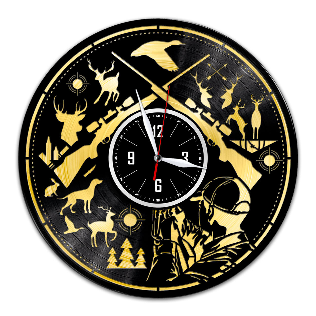 Охота - настенные часы из виниловой пластинки (с золотой подложкой)