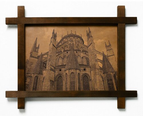 Картина Буржский собор, Франция, гравировка на натуральной коже, интерьерная для украшения и декора на стену в деревянной раме, подарок, BoomGift