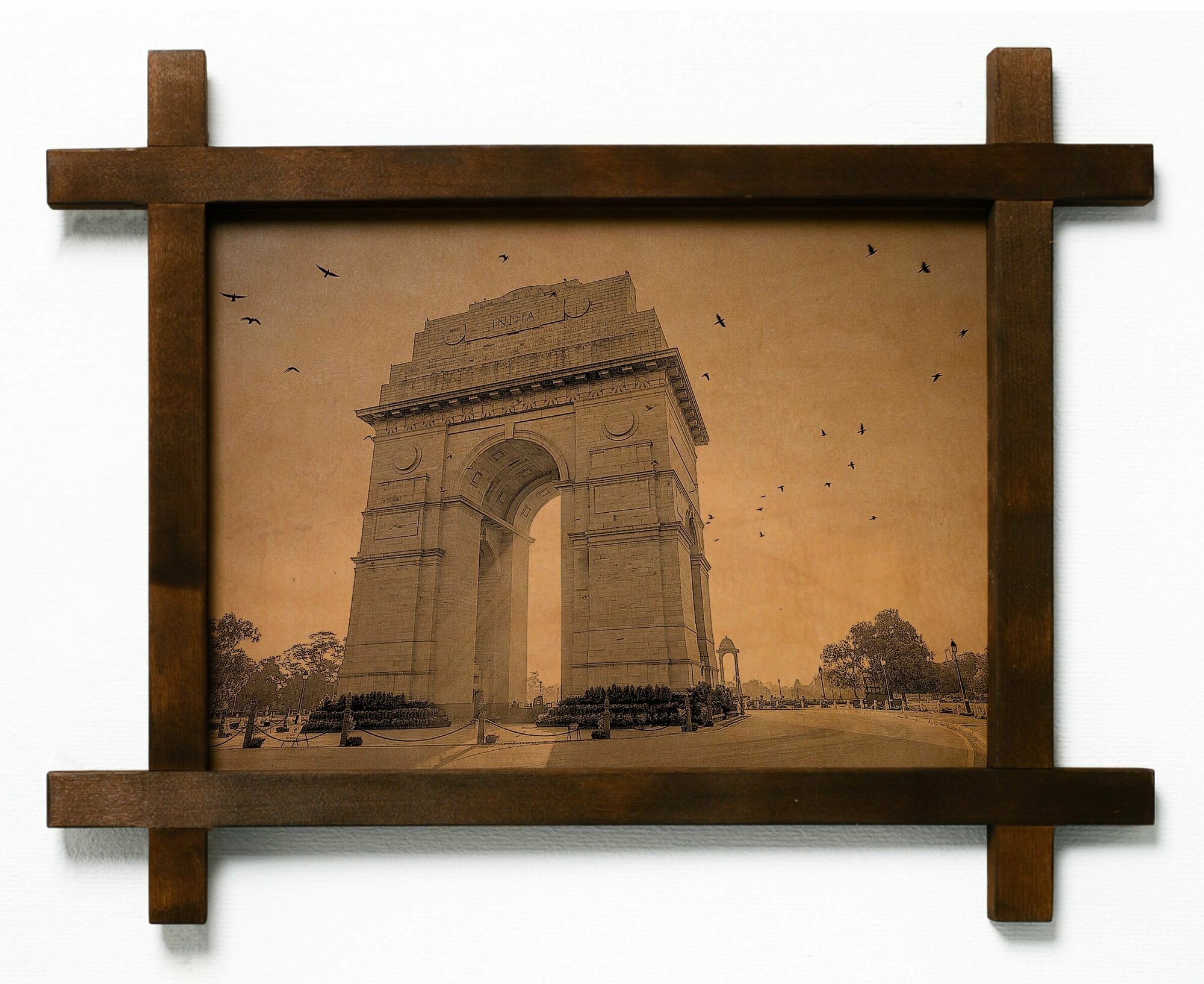Картина Ворота Индии, гравировка на натуральной коже, в деревянной раме, подарок, BoomGift