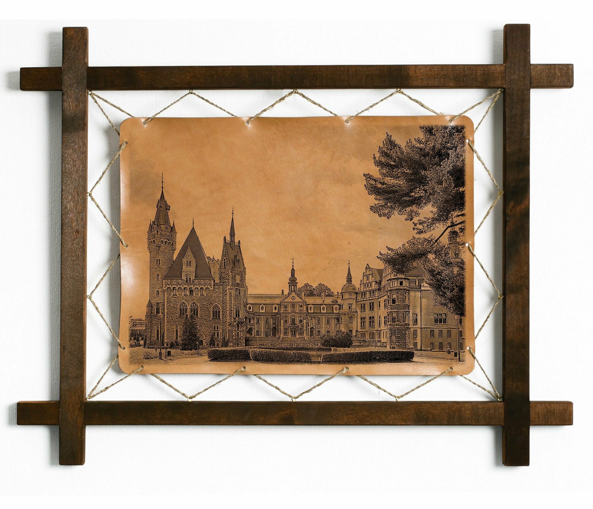 Картина Мошненский замок, Польша, гравировка на натуральной коже, в деревянной раме, подарок, BoomGift