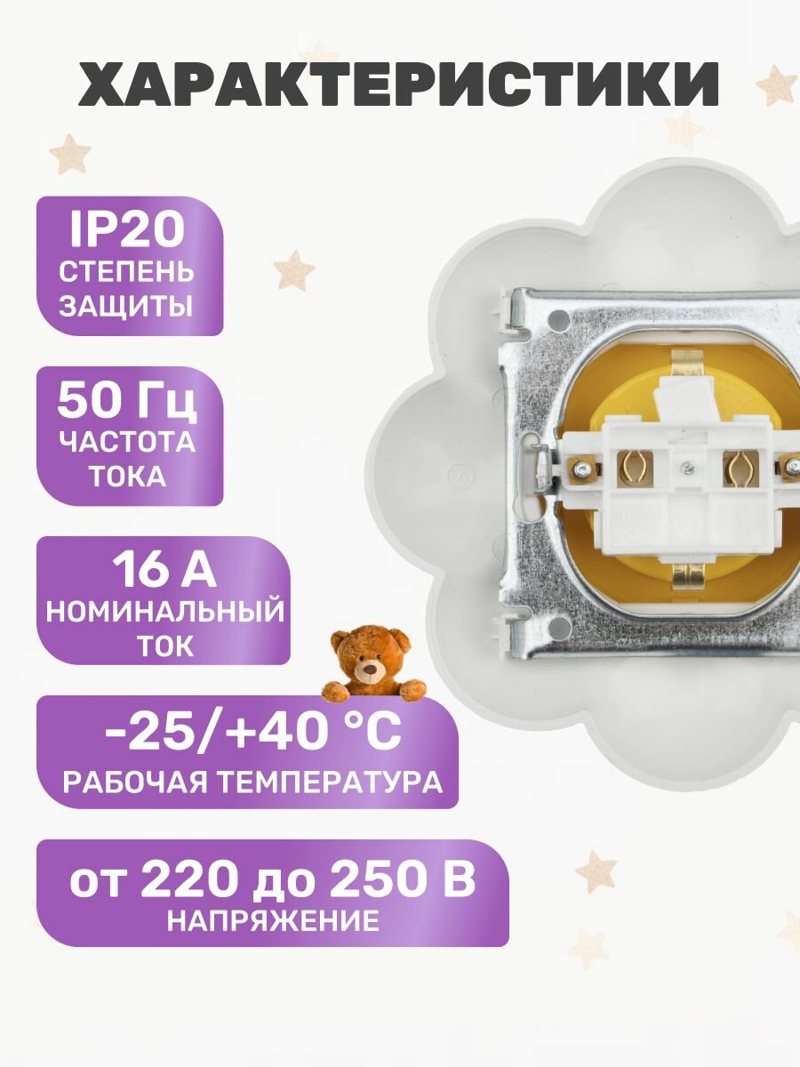 розетка 1-ая kranz happy ромашка, скрытая, с заземл. и защ.шторками, желтая/белая, kr-78-0622 - фото №3