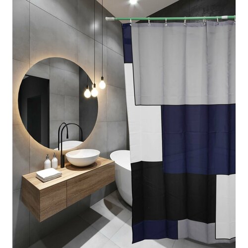 Штора для ванной комнаты 180х180 фотопринт Polyester 20106 с кольцами Квадрат синий (П203) SANTREK HOME