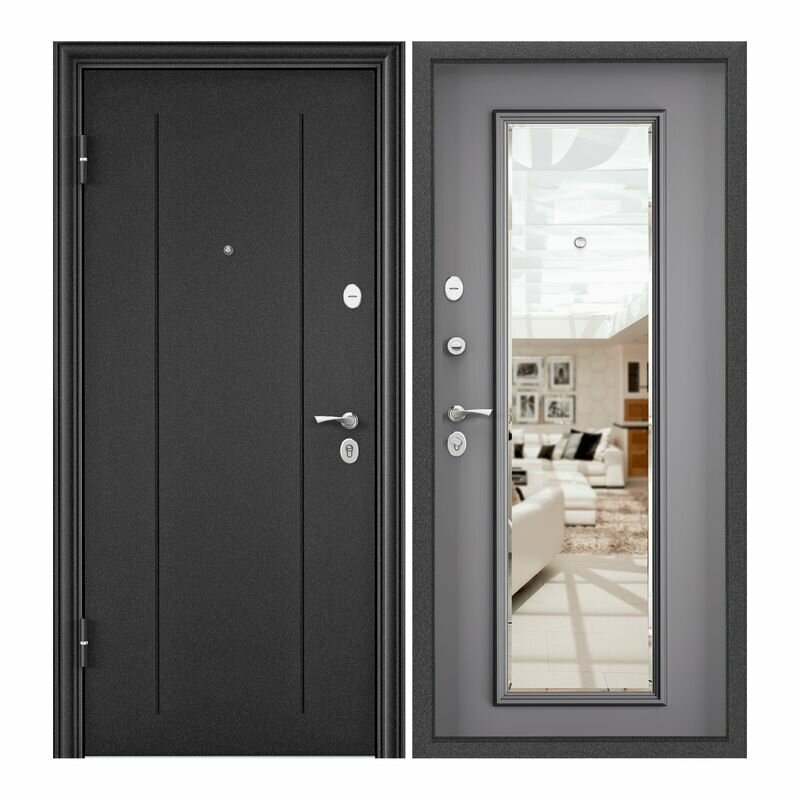 Дверь входная для квартиры Torex Flat M 860х2050 левый, тепло-шумоизоляция, антикоррозийная защита, замки 4-го и 2-го класса, зеркало, серый