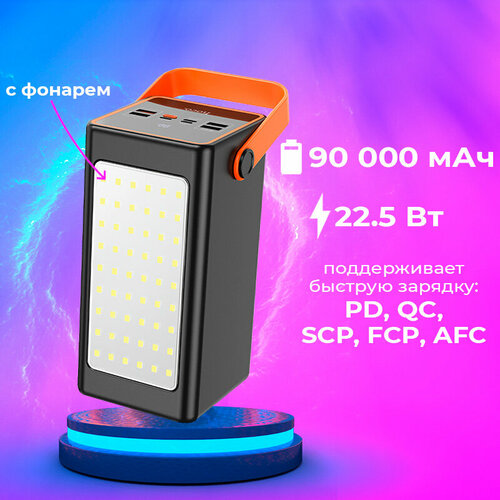 Мощный повербанк (powerbank) 90000mAh QC3.0/PD с фонарем Hoco для Айфона, Самсунг и других телефонов, USB Type C, дисплей, цвет черный