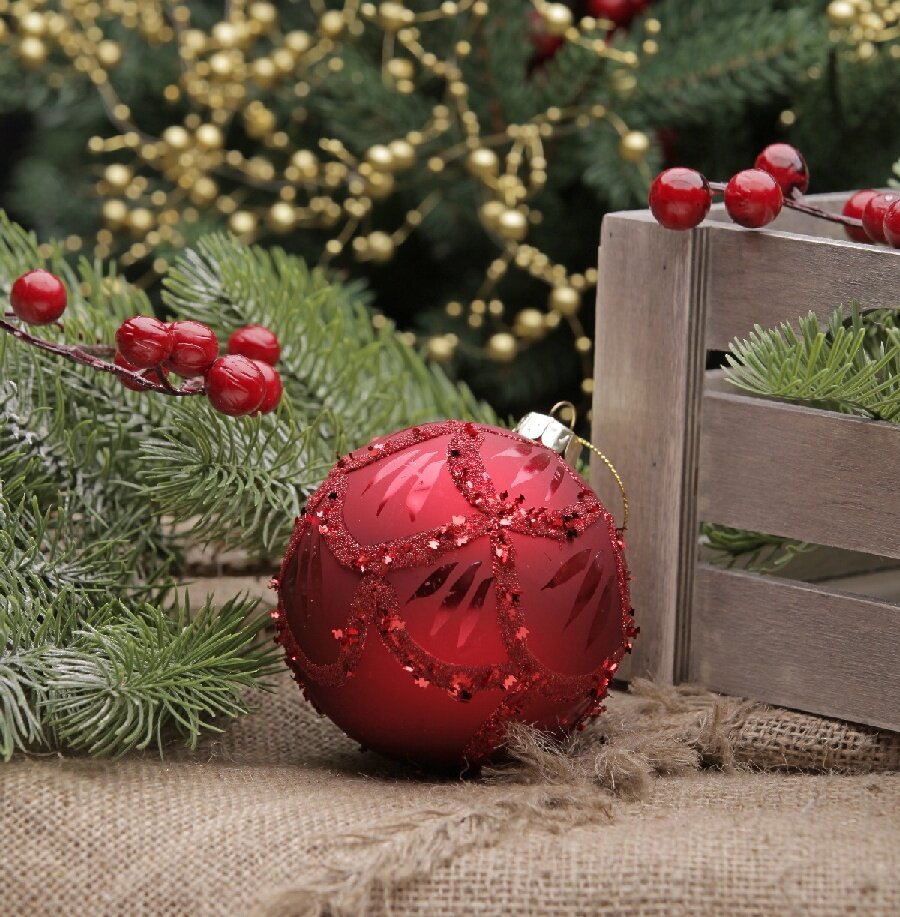 Рождественская декорация (Шар стеклянный красного цвета диаметр 8 см)