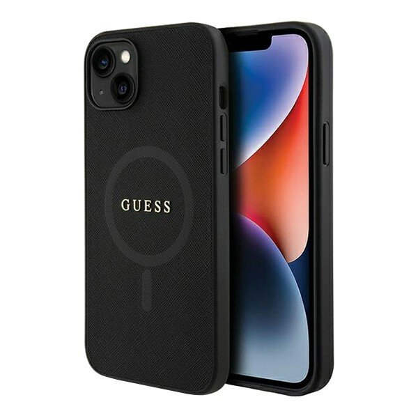 Guess для iPhone 15 чехол PU Saffiano with metal logo Hard Black (MagSafe)