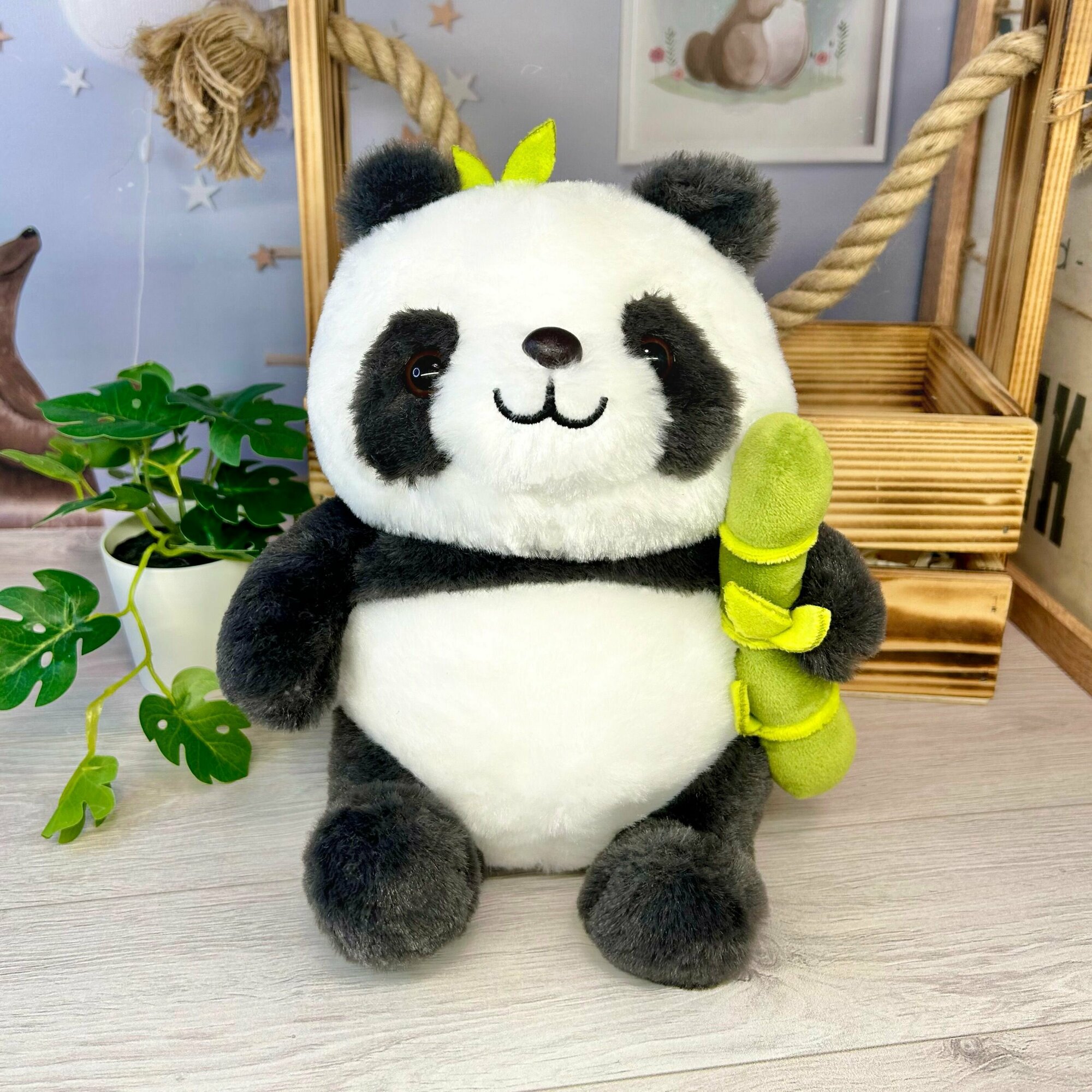 Мягкая игрушка "Панда с бамбуком" 20 см - плюшевая панда