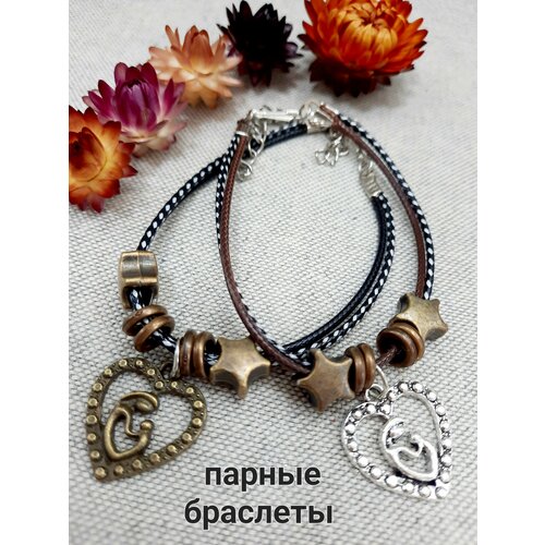 фото Браслет-нить браслеты парные, 2 шт., размер 18 см, размер one size, серебряный, коричневый нет бренда