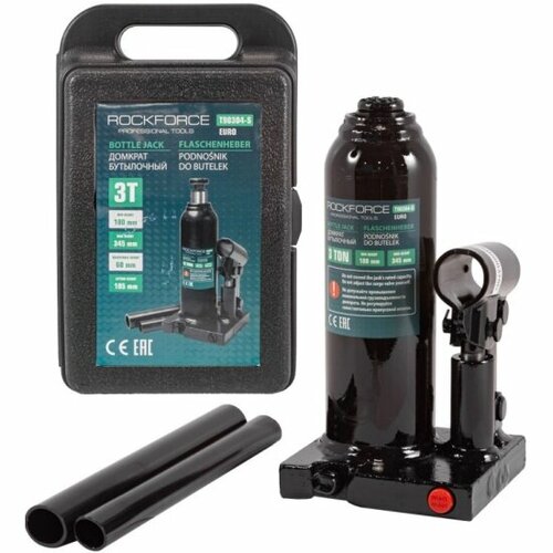 Домкрат бутылочный 3т Rock Force с клапаном, 105 мм-345 мм, в кейсе