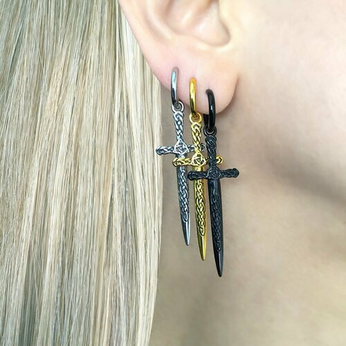 фото Серьги моносерьга бижутерия конго с подвеской "скандинавский клаймор" одиночная серьга кольцо хупы длинные готика висячие змея дракон готические кресты женские мужские для подростков протяжки аниме каффы драконы змей крупные маленькие женские серёжки, размер/диаметр 58 мм, серебряный starfallshop