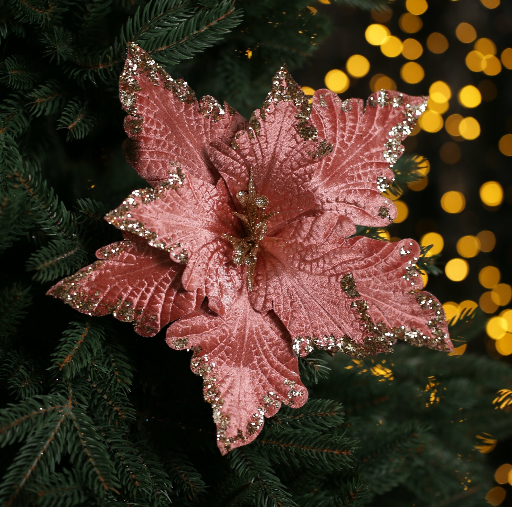 Цветок искусственный декоративный новогодний диаметр 28 см цвет пудровый