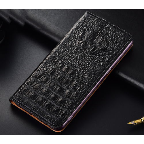 Чехол-книжка MyPads Premium для OnePlus 10T из натуральной кожи с объёмным 3D рельефом спинки кожи крокодила роскошный эксклюзивный черный