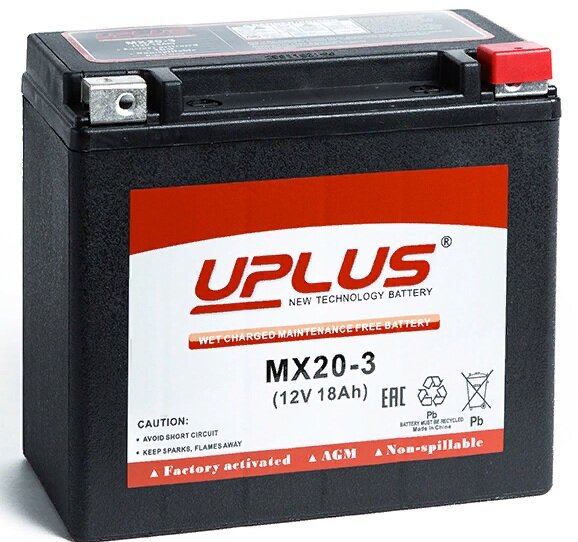 Аккумулятор для мото и гидро техники UPLUS Power Sport AGM 18 А/ч 310 А обр. пол. залит/заряжен MX20-3 (176x87x154) YTX20L-BS