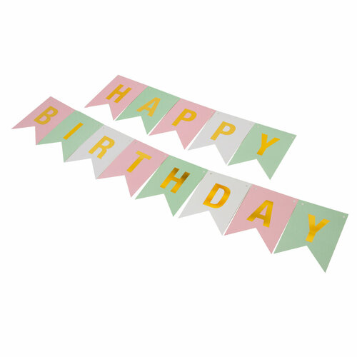 фото Гирлянда флажки, happy birthday, пастельный микс/золото, металлик, 500 см, 16*12 см, 1 упак. волна веселья