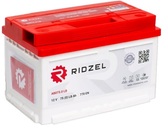 Аккумулятор автомобильный Ridzel 75 А/ч 770 А обр. пол. низкий Евро авто (278х175х175) KAB075.0LB