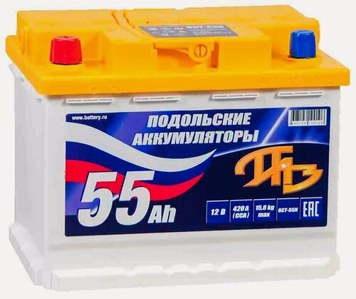 Изображение товара Аккумулятор автомобильный ПАЗ Подольские Аккумуляторы 55 А/ч 480 А прям. пол. Росс. авто (242x175x190)