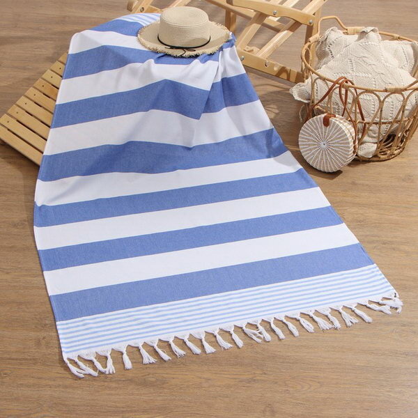 фото Полотенце Пештемаль "Полоски", цв. синий, 100х180 см, 100% хлопок, 180 г/м2