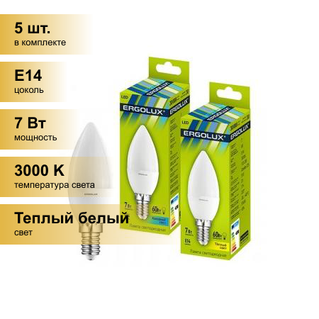 (5 шт.) Светодиодная лампочка Ergolux свеча C35 E14 7W(560lm 220гр.) 3000K 2K матовая 99x37 пластик/алюм. LED-C35-7W-E14-3K