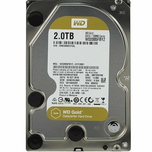 Жесткий диск Western Digital SATA 2TB 7200RPM 6GBS 128MB GOLD 1882000₽
