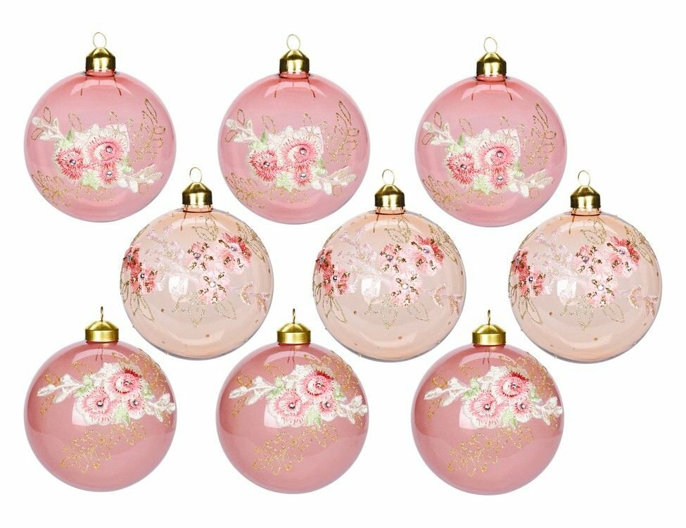 Набор стеклянных ёлочных шаров ROMANCE DE FLEUR, прозрачно розовые оттенки, 10 см (упаковка 9 шт.), Koopman International ABT620110