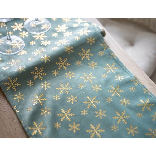 Новогодняя дорожка для стола золотой снегопад полиэстер голубая 150х32 см Kaemingk 2936₽