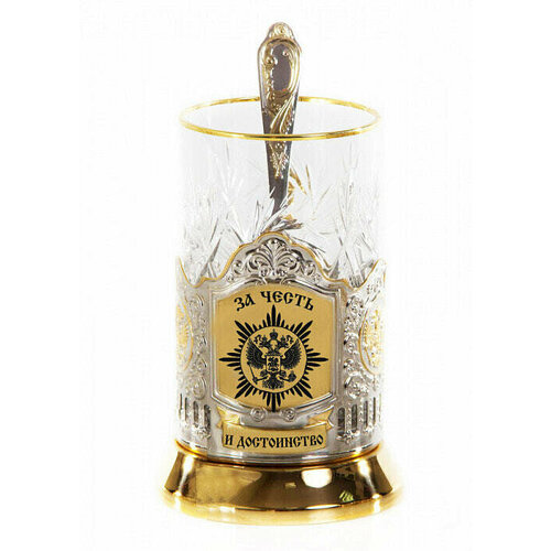 Подарочный набор c позолоченным подстаканником в футляре (3 предмета). За честь и достоинство!
