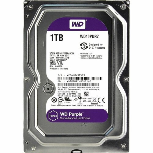 Специализированный HDD 1Tb SATA-3 Western Digital Purple жесткий диск western digital purple 3 тб wd33purz