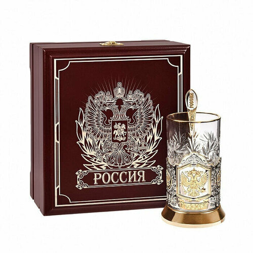 Подарочный набор c позолоченным подстаканником в деревянной шкатулке 3 предмета Герб России 14650₽