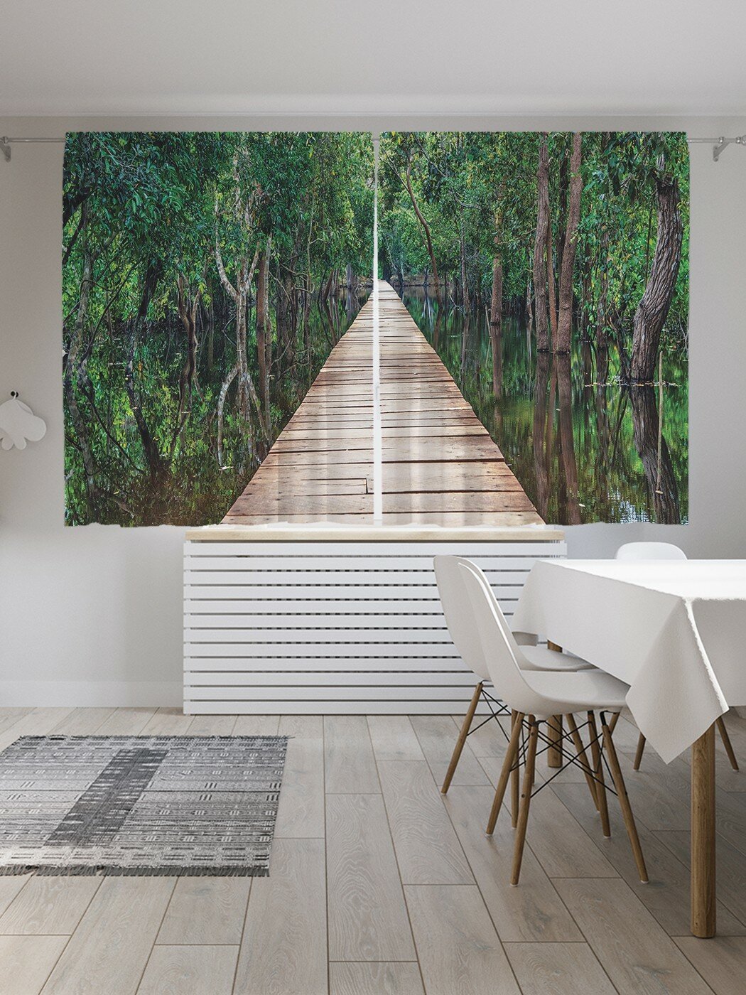 Классические шторы JoyArty "Деревянный помост в лесу", серия Oxford DeLux, 2 полотна 145x180 см