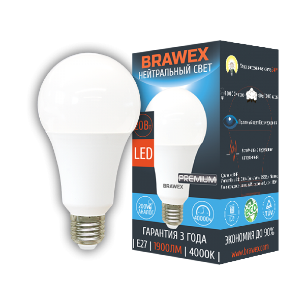 Лампа светодиодная LED A80 20w E27 220v 4000K Brawex
