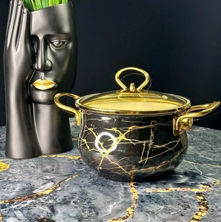 фото Кастрюля эмалированная 2,2л черный мрамор с крышкой 18см. в под. уп. 776-056 118-776-056