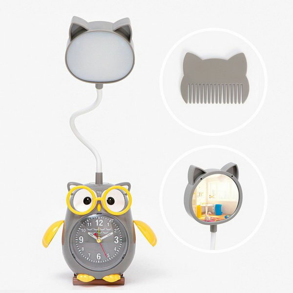 фото Часы-светильник "Совушка", с будильником, зеркало, расческа, 800 мАч, дискретный ход, АА, USB