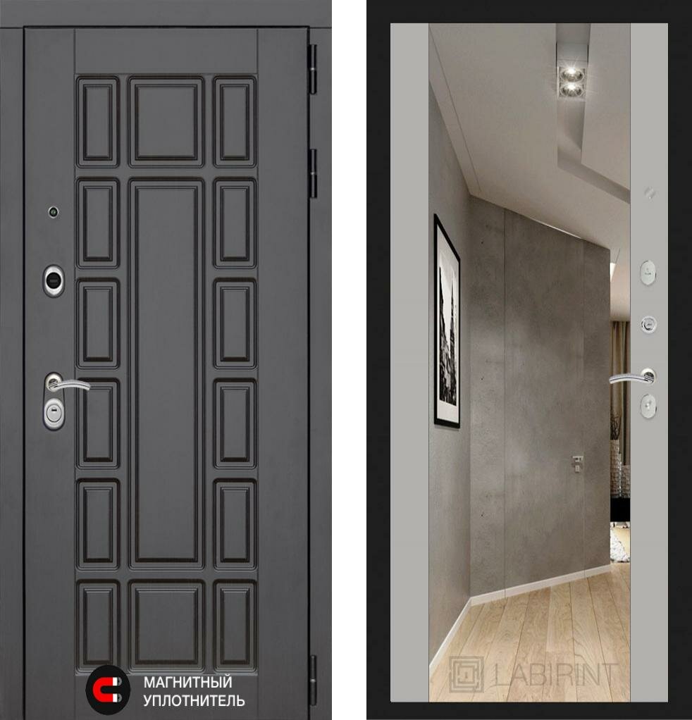 Входная дверь Labirint New York "Софт грей" с широким зеркалом 880x2050, открывание левое