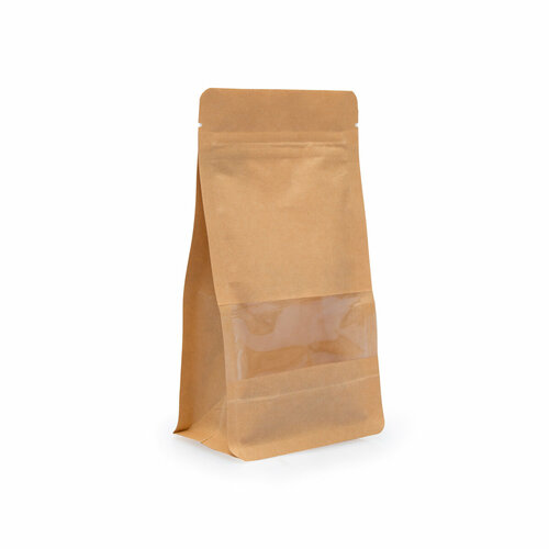 Крафт пакет восьмишовный с замком зип лок 120*70*210 мм с окном 40 мм бурый, 50 шт