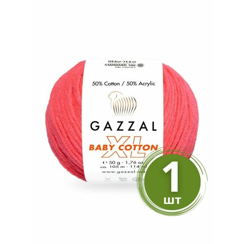 Пряжа Gazzal Baby Cotton XL (Беби Коттон XL) - 1 моток Цвет: 3458 Яркий коралл 50% хлопок, 50% акрил, 50 г 105 м