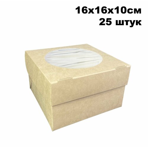 Крафт коробка для 4 маффинов, капкейков с окном, 16х16х10 см, 25 шт/уп