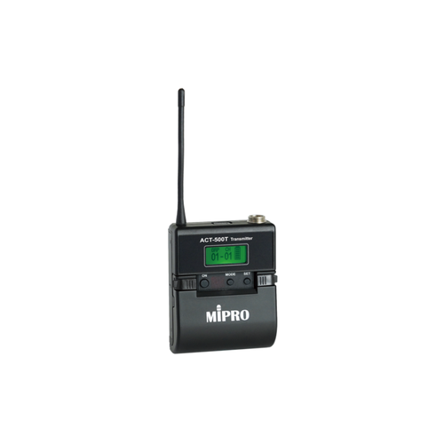 Mipro ACT-500T Поясной UHF передатчик серии ACT-500. Лёгкий и компактный корпус, LED-дисплей, кнопки настройки и управления, внешная антенна, разъём mini XLR, переключатель входного сопротивления (низкоомный для микрофонов или высокоомный для линейных ил